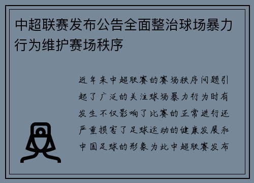 中超联赛发布公告全面整治球场暴力行为维护赛场秩序